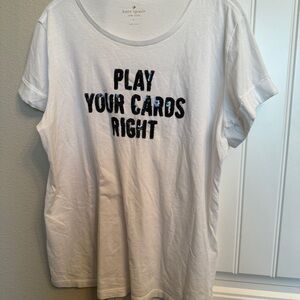 Kate Spade White T-Shirt with Black Sequin “Play Your Cards Right” Size L